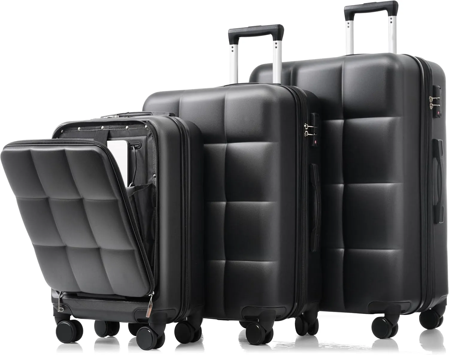3-Piece Luggage Set with USB Port, Front Opening Design, Spinner Wheels, Cup Holder, Durable ABS Hard Shell, Black and Brown