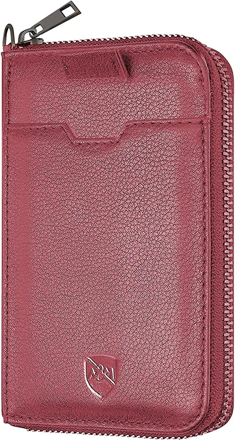 ALLEN & MATE Mens Wallet with Zip, RFID Blocking Slim Leather Wallet, Credit Card Holder, Leather Zipped Wallet for Men Women, Holds up to 12 Cards, Bank Notes, Coins, Maroon, Minimalist