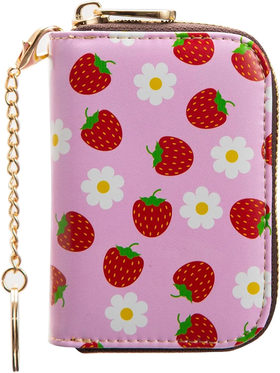 ANNAMISSI Rfid Credit Card Holder,Wallet Women Organizer Accordian Men Minimalist Wallet,Card Holder Keychain, Pink Strawberry, Multifunction