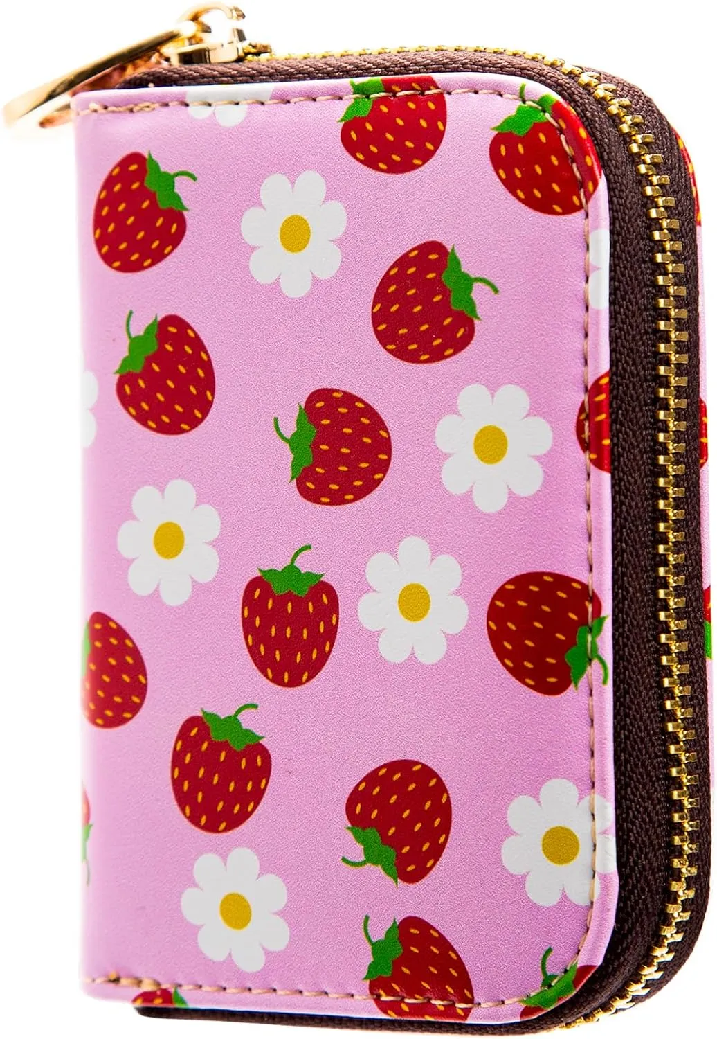 ANNAMISSI Rfid Credit Card Holder,Wallet Women Organizer Accordian Men Minimalist Wallet,Card Holder Keychain, Pink Strawberry, Multifunction
