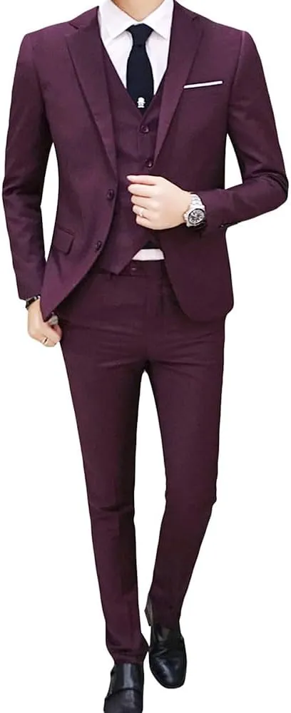 Cloudstyle Men's 3-Piece 2 Buttons Slim Fit Solid Color Jacket Smart Wedding Formal Suit