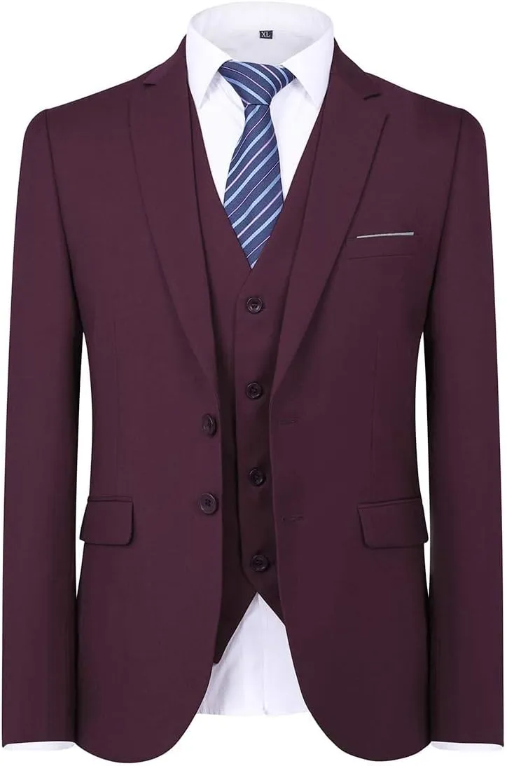 Cloudstyle Men's 3-Piece 2 Buttons Slim Fit Solid Color Jacket Smart Wedding Formal Suit