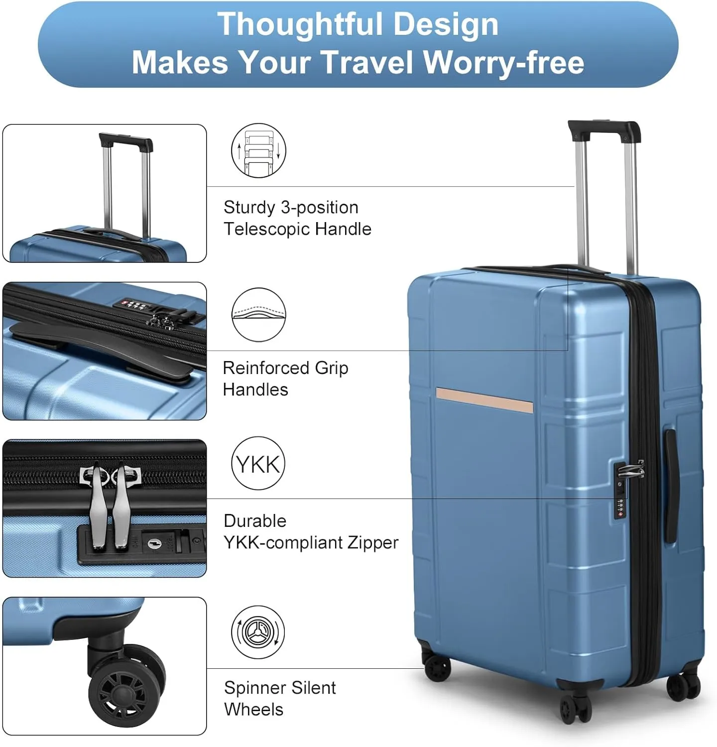 Expandable 24 inch Checked Luggage, ABS PC HardShell Medium Check-in Suitcase with Wheels, Waterproof Durable Rolling Suitcase with TSA Lock for Travel Business - Ice Blue, 24In