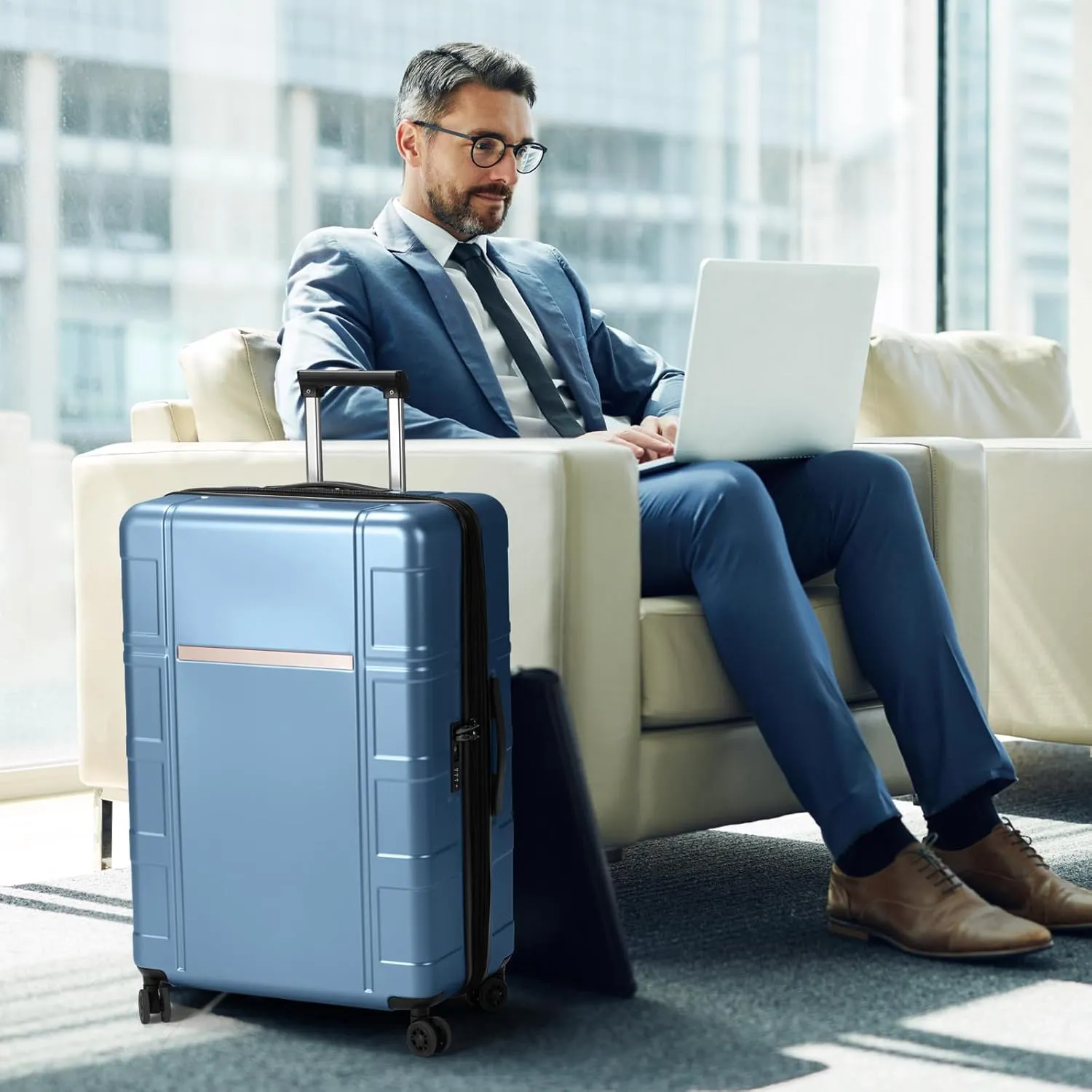Expandable 24 inch Checked Luggage, ABS PC HardShell Medium Check-in Suitcase with Wheels, Waterproof Durable Rolling Suitcase with TSA Lock for Travel Business - Ice Blue, 24In