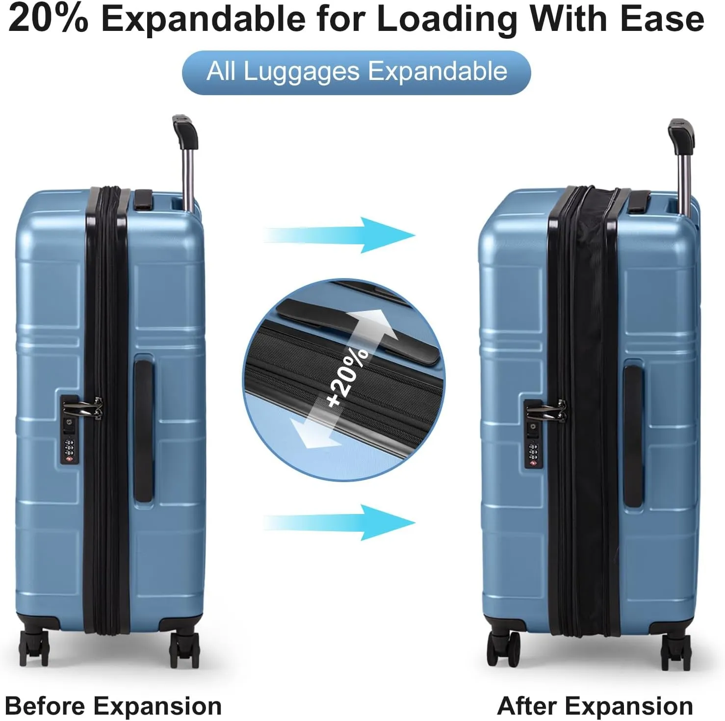 Expandable 24 inch Checked Luggage, ABS PC HardShell Medium Check-in Suitcase with Wheels, Waterproof Durable Rolling Suitcase with TSA Lock for Travel Business - Ice Blue, 24In