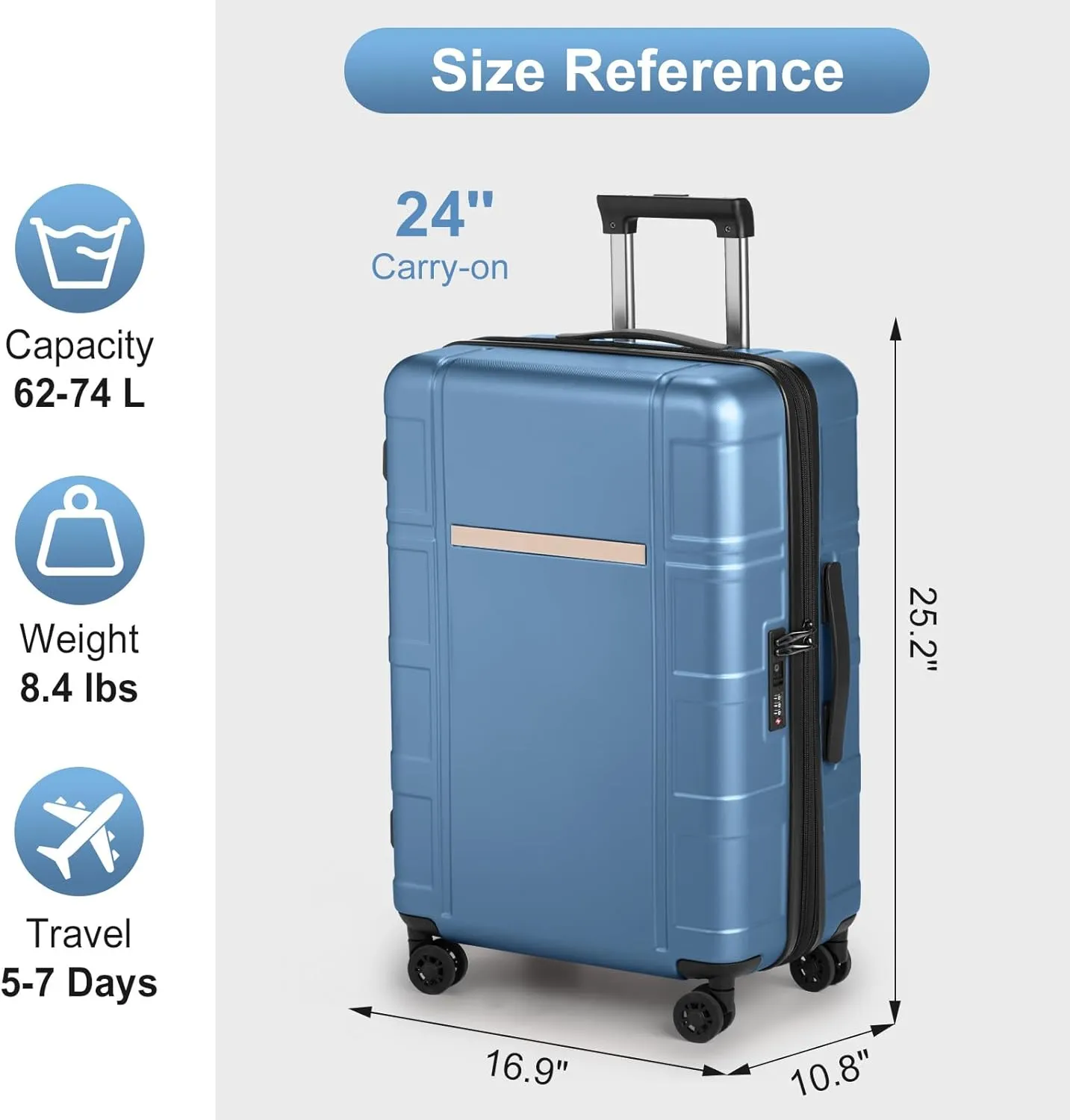 Expandable 24 inch Checked Luggage, ABS PC HardShell Medium Check-in Suitcase with Wheels, Waterproof Durable Rolling Suitcase with TSA Lock for Travel Business - Ice Blue, 24In