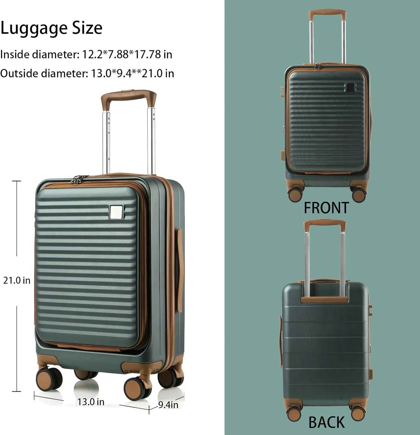 Expandable Carry On Luggage Durable Hardside Lightweight Rolling Suitcases with Spinner Wheels TSA Lock, (Dark Green, 20-Inch)