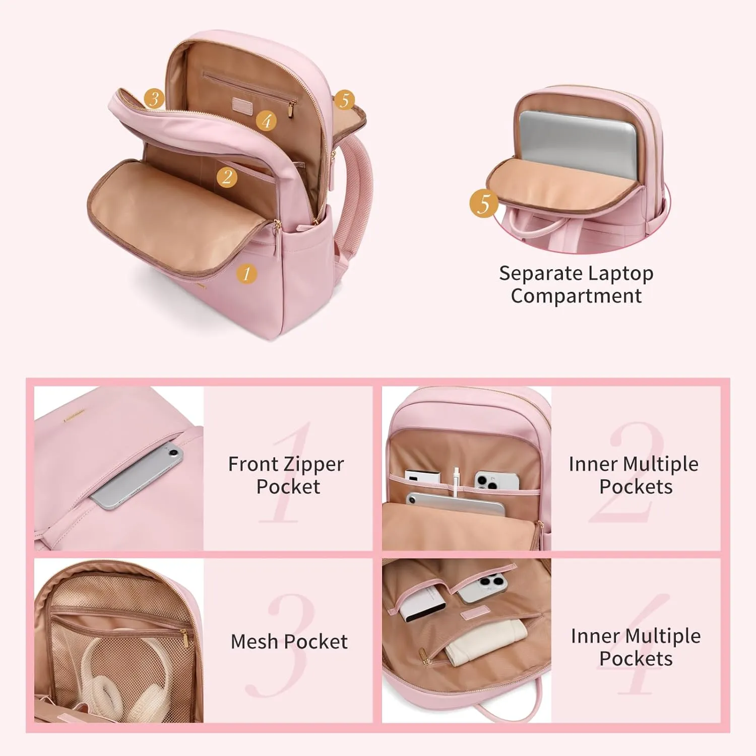 GOLF SUPAGS Women Laptop Backpack Casual Daypack for Work Travel College Backpack Purse Fits 14 Inch Notebook (Pink)