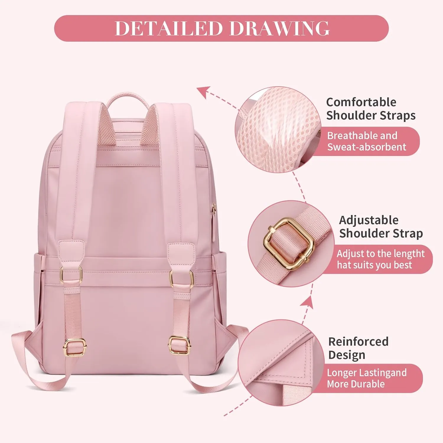 GOLF SUPAGS Women Laptop Backpack Casual Daypack for Work Travel College Backpack Purse Fits 14 Inch Notebook (Pink)