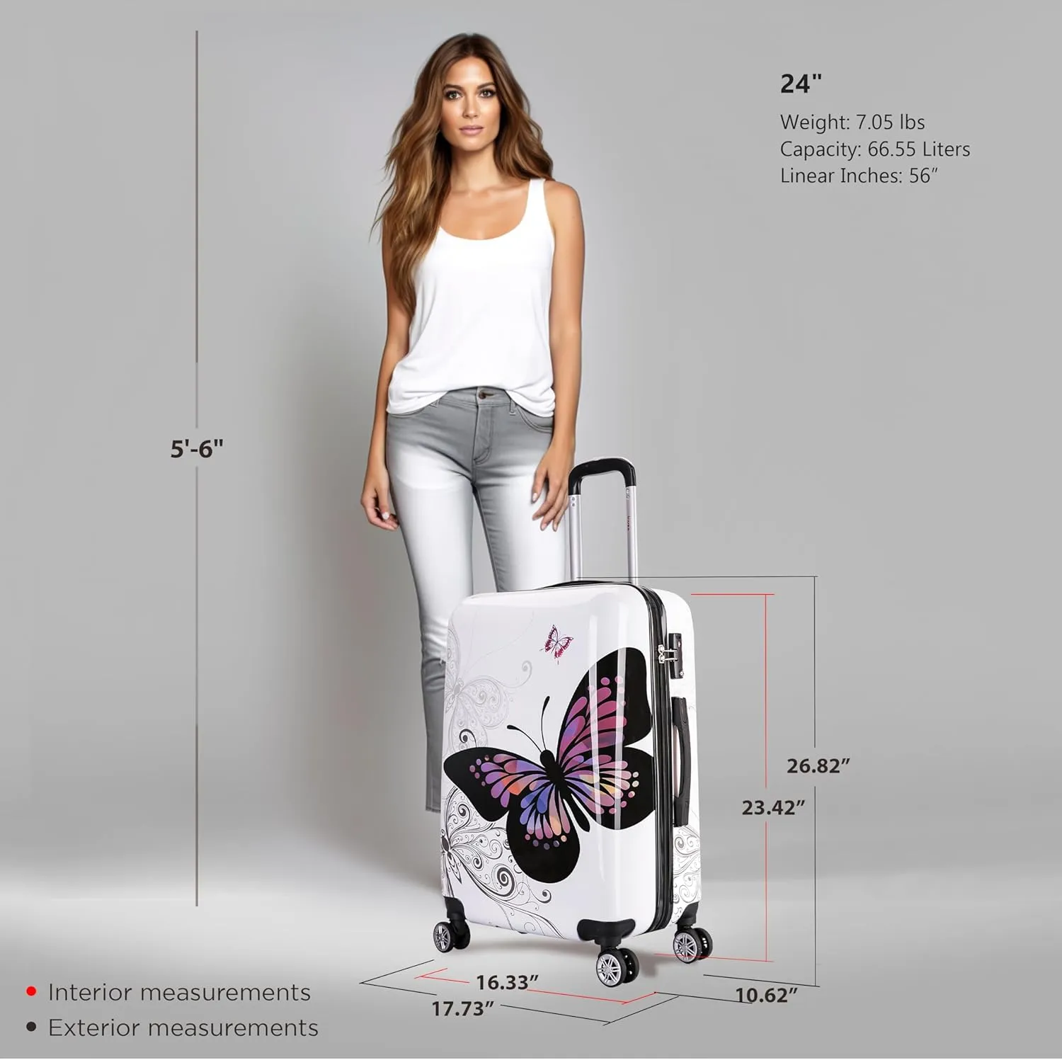 InUSA Butterfly Print Luggage with Spinner Wheels | Durable Lightweight Hardside Suitcase | Travel Bag with Handle and Trolley | 24-Inch Medium Checked luggage