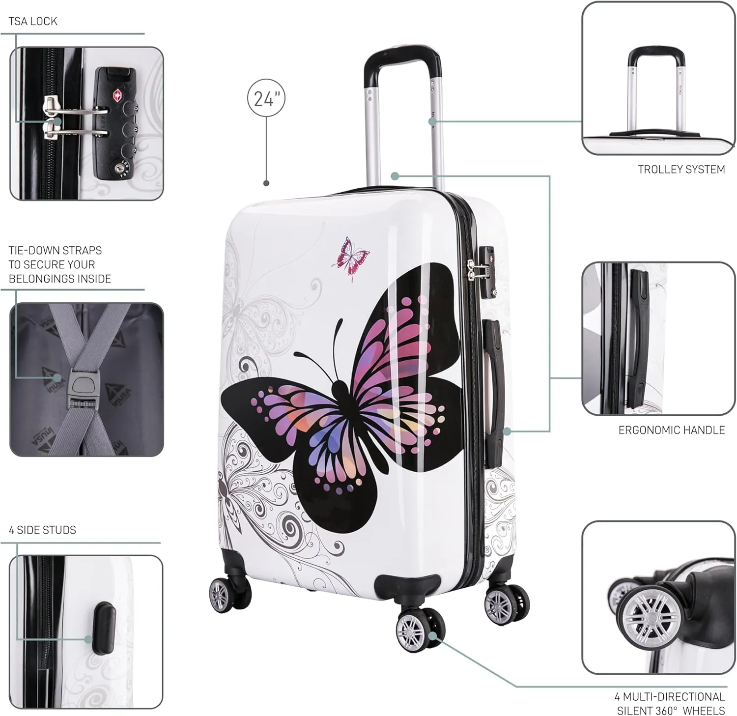 InUSA Butterfly Print Luggage with Spinner Wheels | Durable Lightweight Hardside Suitcase | Travel Bag with Handle and Trolley | 24-Inch Medium Checked luggage