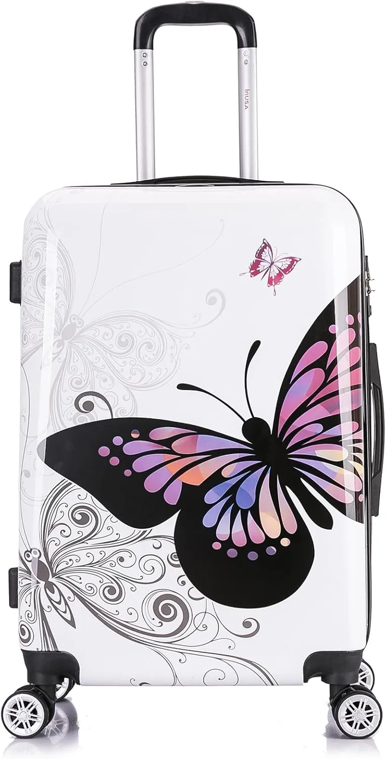 InUSA Butterfly Print Luggage with Spinner Wheels | Durable Lightweight Hardside Suitcase | Travel Bag with Handle and Trolley | 24-Inch Medium Checked luggage