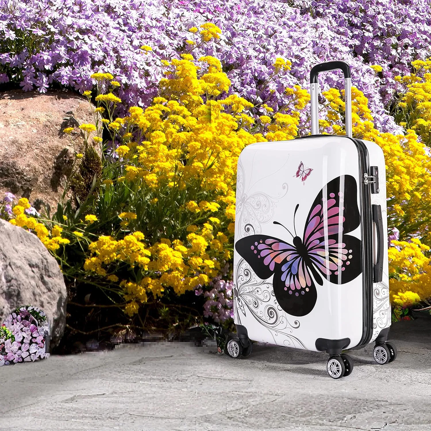 InUSA Butterfly Print Luggage with Spinner Wheels | Durable Lightweight Hardside Suitcase | Travel Bag with Handle and Trolley | 24-Inch Medium Checked luggage