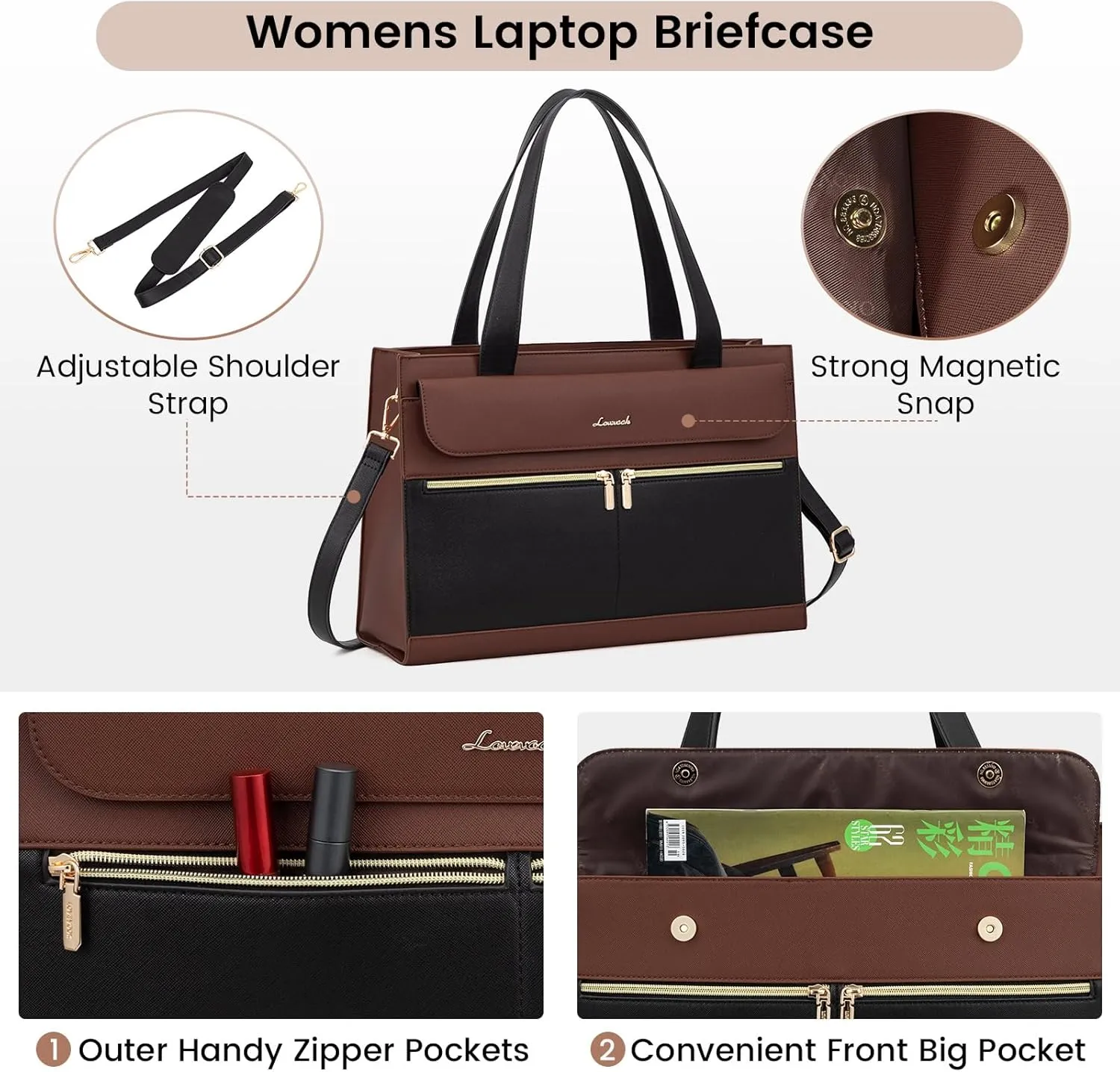 LOVEVOOK Laptop Bag for Women, Black- Brown