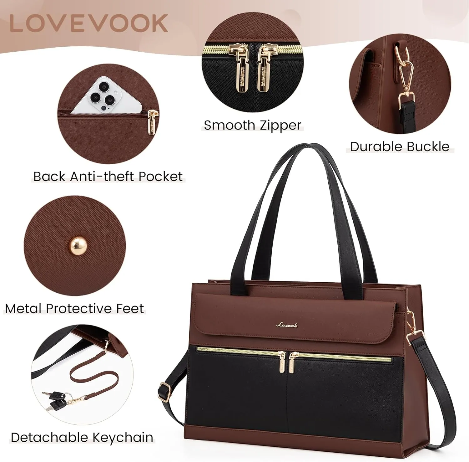 LOVEVOOK Laptop Bag for Women, Black- Brown