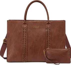 LOVEVOOK Laptop Tote Bag for Women, Vintage Leather Work Bag With Cup Holder, Waterproof Computer Purse, Professional Briefcase Office Shoulder Handbag, 15.6 Inch, Brown