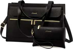 LOVEVOOK Laptop Tote for Women - 15.6 Inch Professional Leather Computer Briefcase, Waterproof Handbag, Large Capacity Business Teacher Office Bag, Crossbody Purse - Black