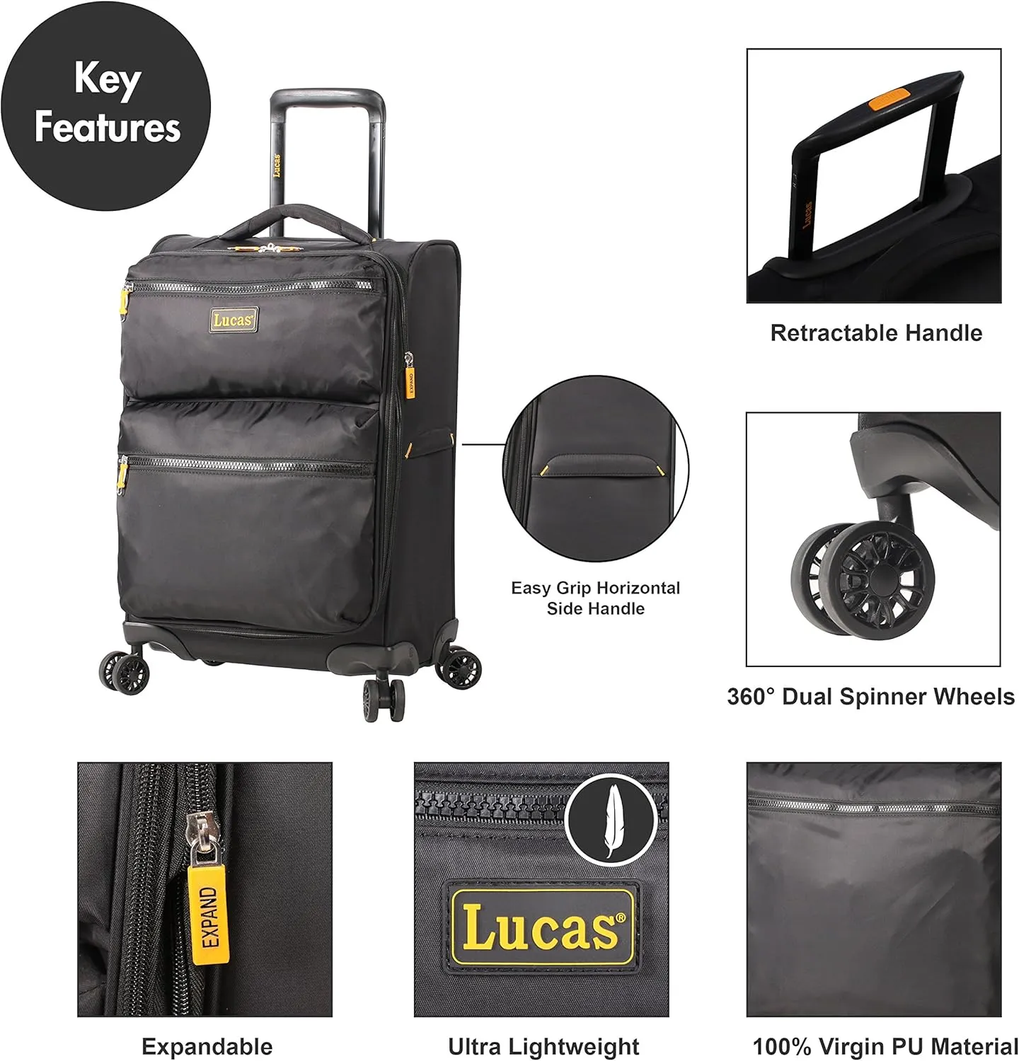 Lucas Ultra Lightweight Carry On - Softside 20 Inch Expandable Luggage - Small Rolling Bag Fits Most Airline Compartments - Durable 8-Spinner Wheels Suitcase (Black)