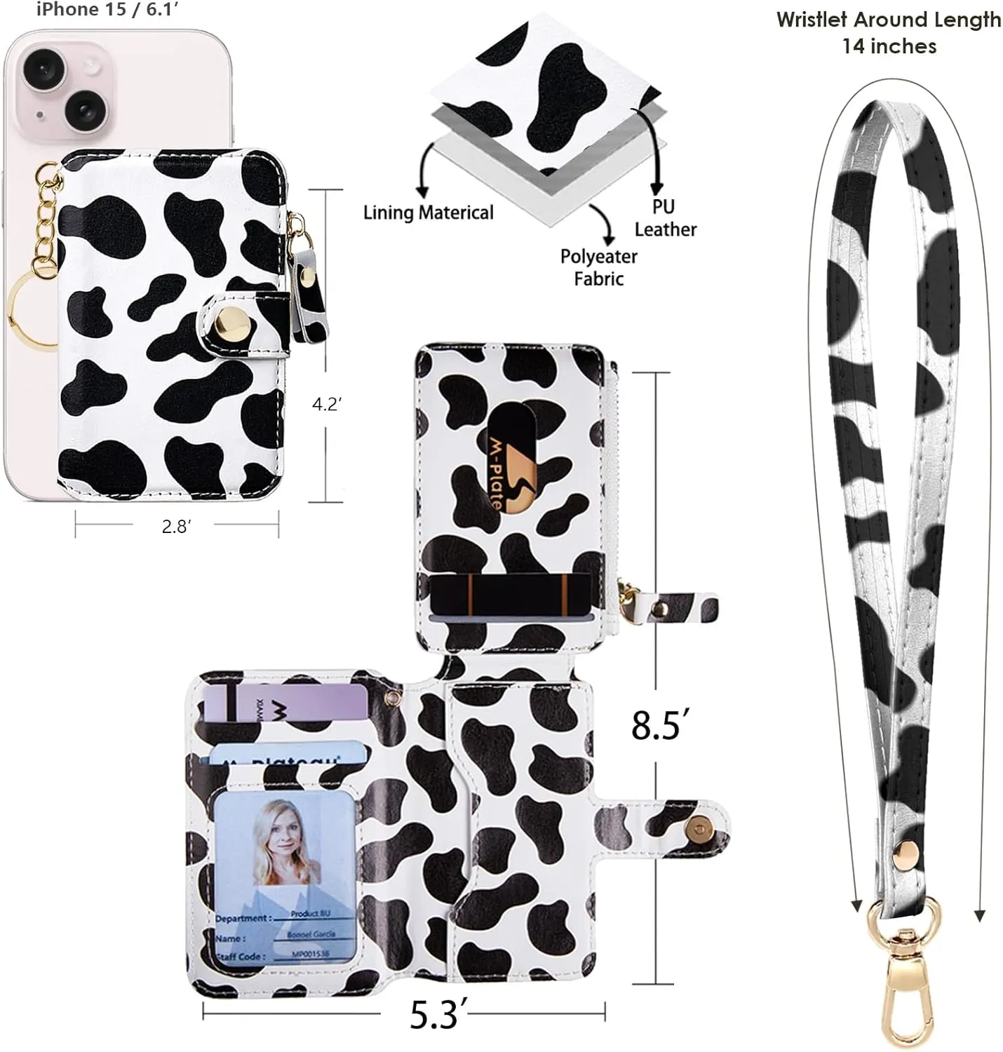 M-Plateau Wristlet Keychain, Wallet Key ring Bracelet with Wrist Wallet for Women with Key Holder, Cow Print, Small