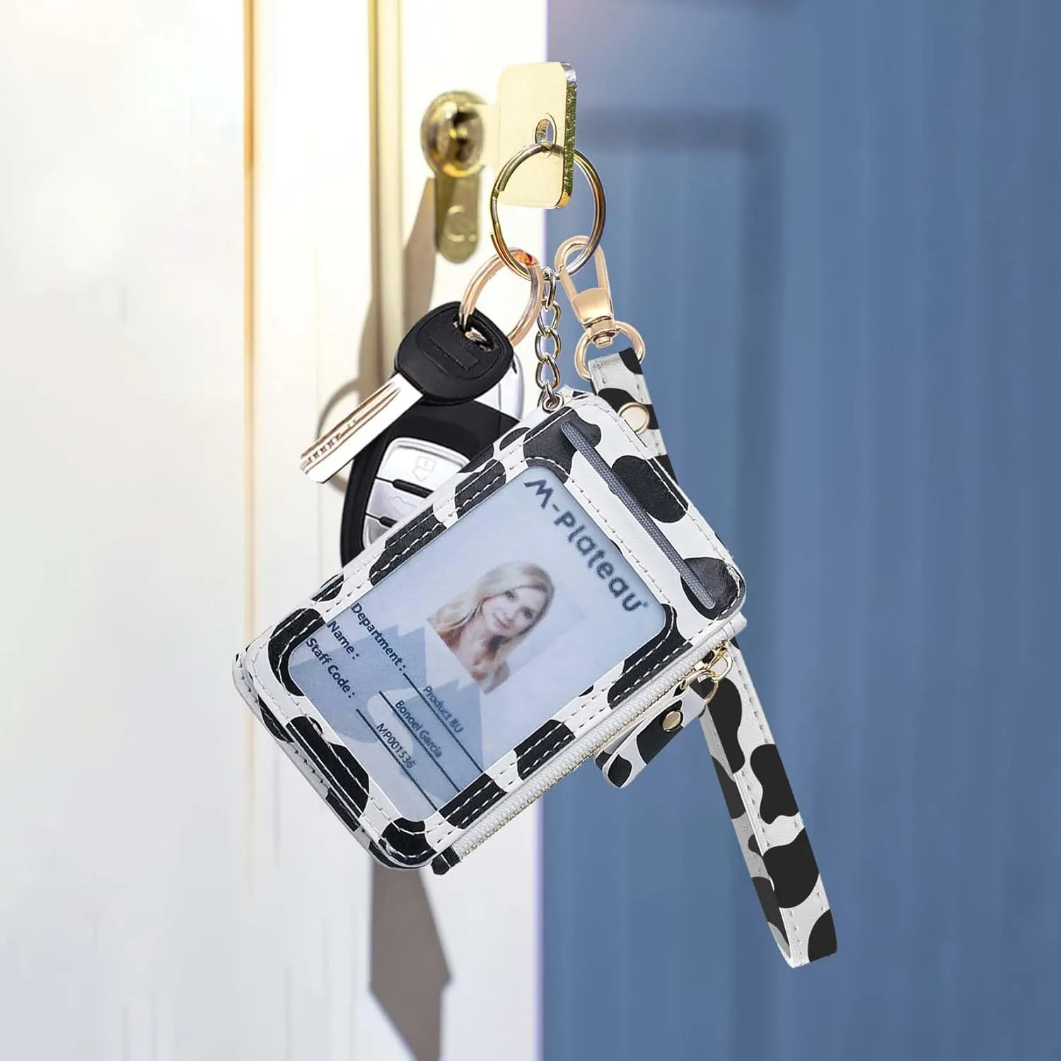 M-Plateau Wristlet Keychain, Wallet Key ring Bracelet with Wrist Wallet for Women with Key Holder, Cow Print, Small