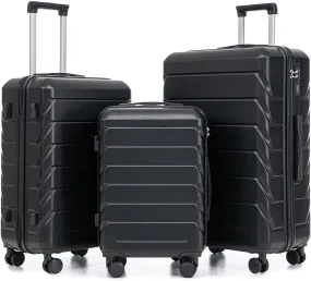 Merax 3 Luggage Sets, ABS Durable Lightweight Suitcase Spinner Wheels with Combination Lock, Black Horizontal Stripe, 20/24/28 Inch