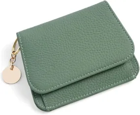 Mudono Small Wallet for Women RFID Blocking Genuine Leather Card Case Slim Tri-Fold Wallet with Zipper Pocket and Keychain, Green, S, Minimalist