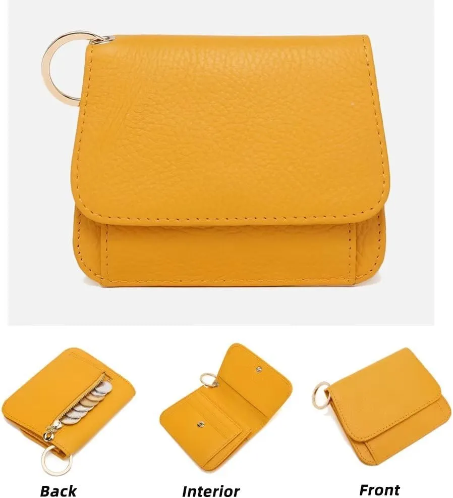 Mudono Small Wallet for Women RFID Blocking Genuine Leather Card Case Slim Tri-Fold Wallet with Zipper Pocket and Keychain, Green, S, Minimalist
