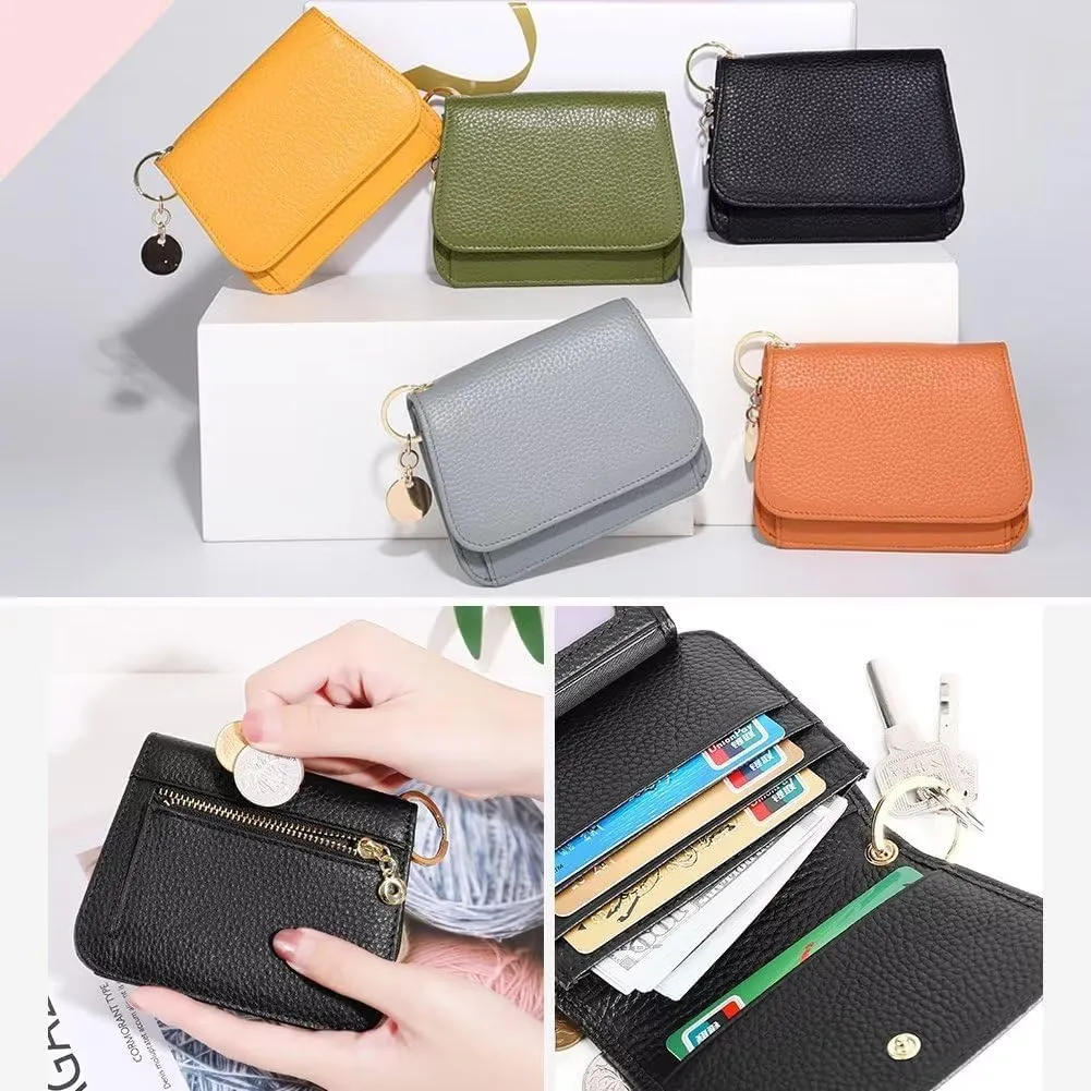 Mudono Small Wallet for Women RFID Blocking Genuine Leather Card Case Slim Tri-Fold Wallet with Zipper Pocket and Keychain, Green, S, Minimalist