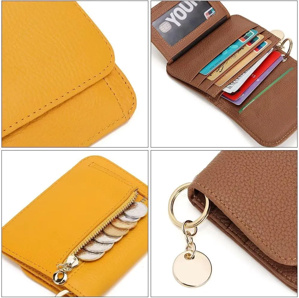 Mudono Small Wallet for Women RFID Blocking Genuine Leather Card Case Slim Tri-Fold Wallet with Zipper Pocket and Keychain, Green, S, Minimalist