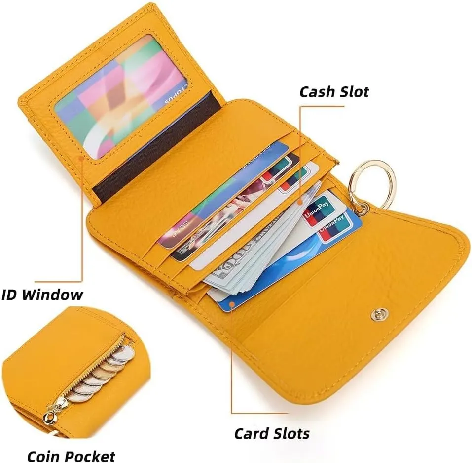 Mudono Small Wallet for Women RFID Blocking Genuine Leather Card Case Slim Tri-Fold Wallet with Zipper Pocket and Keychain, Green, S, Minimalist