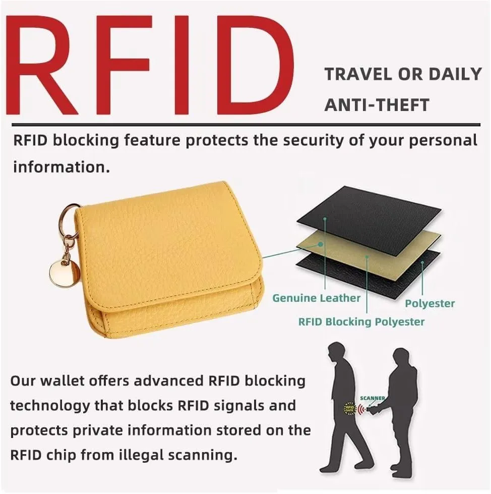 Mudono Small Wallet for Women RFID Blocking Genuine Leather Card Case Slim Tri-Fold Wallet with Zipper Pocket and Keychain, Green, S, Minimalist
