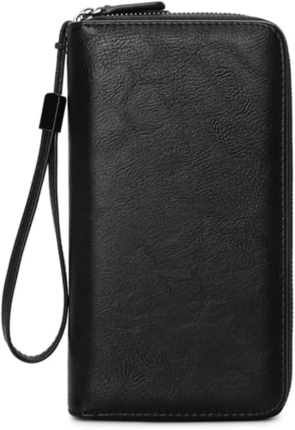 PORRASSO Men's Wallet Clutch Bag RFID Blocking Card Holder Cell Phone Long Wallet, Black, L, Minimalist