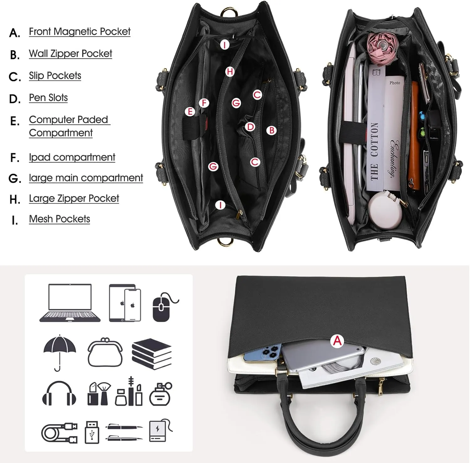 RAINSMORE Laptop Bag for Women 15.6 Inch PU Leather Laptop Tote Professional Business Office Work Bag Waterproof Briefcase Computer Tote Bag Large Lightweight Handbag Shoulder Bag