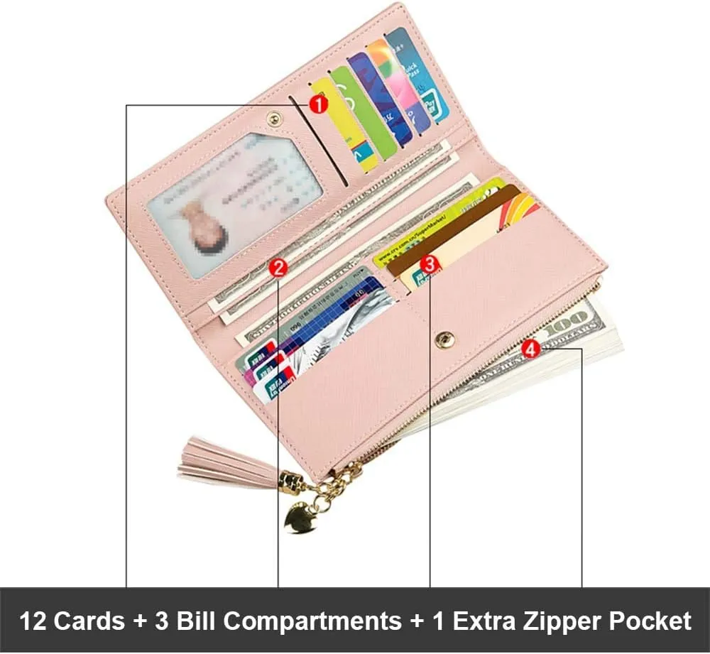 SUMGOGO Slim Wallet for Women Long Tassel Zipper Clutch Purse Handbag Card Case Wallet, Pink, LARGE, Minimalist