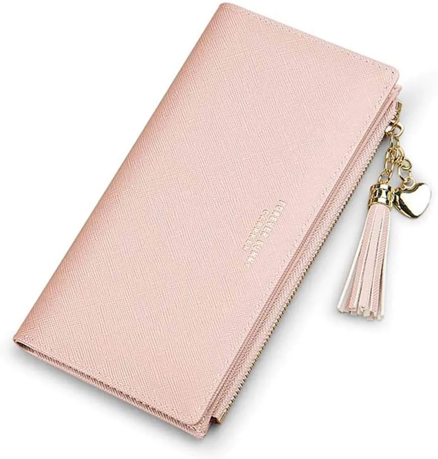 SUMGOGO Slim Wallet for Women Long Tassel Zipper Clutch Purse Handbag Card Case Wallet, Pink, LARGE, Minimalist