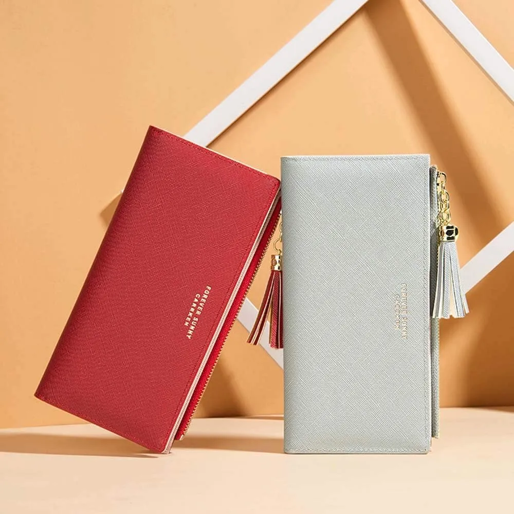 SUMGOGO Slim Wallet for Women Long Tassel Zipper Clutch Purse Handbag Card Case Wallet, Red, LARGE, Minimalist