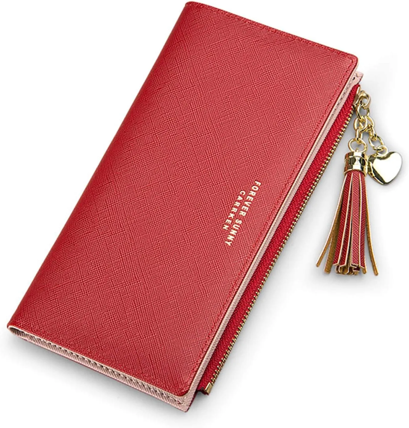 SUMGOGO Slim Wallet for Women Long Tassel Zipper Clutch Purse Handbag Card Case Wallet, Red, LARGE, Minimalist