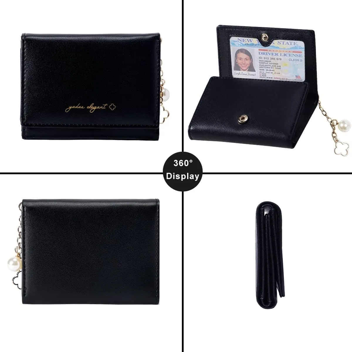 Sunwel Fashion Girls Small Wallet Cute Wallet with Pearl Chain Cash Credit Card Holder ID Window for Women, 310BLACK, small, Trifold