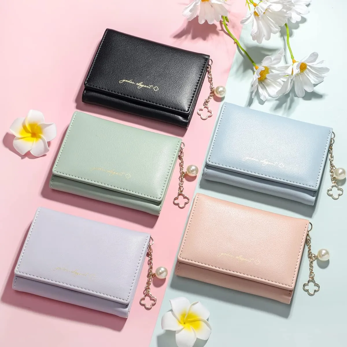 Sunwel Fashion Girls Small Wallet Cute Wallet with Pearl Chain Cash Credit Card Holder ID Window for Women, 310BLACK, small, Trifold