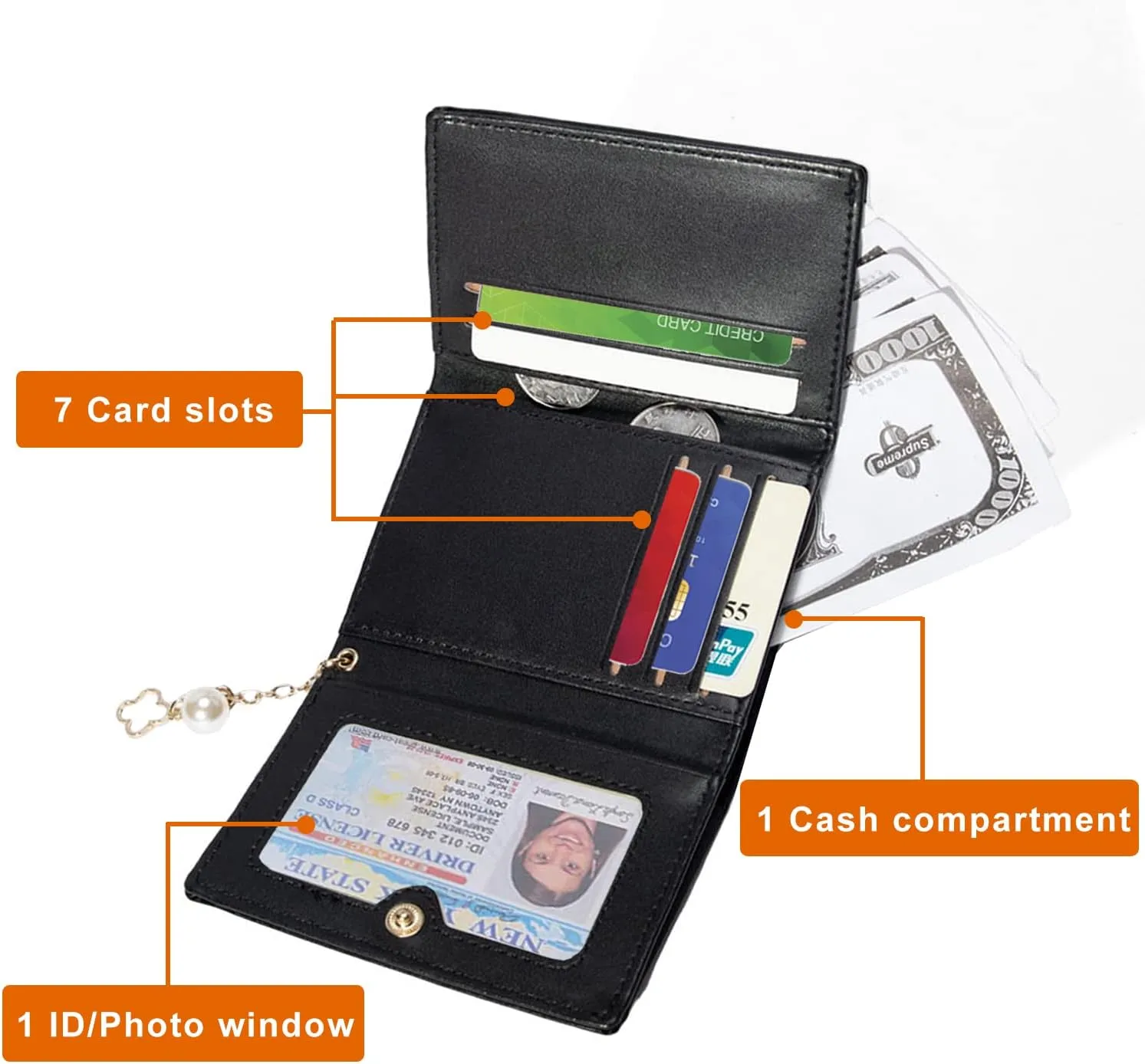 Sunwel Fashion Girls Small Wallet Cute Wallet with Pearl Chain Cash Credit Card Holder ID Window for Women, 310BLACK, small, Trifold