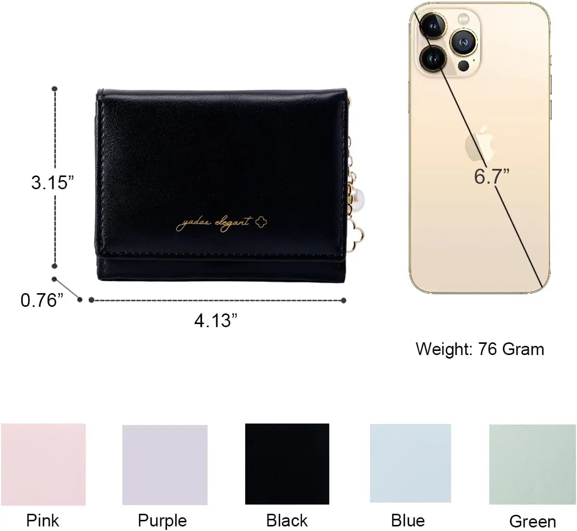 Sunwel Fashion Girls Small Wallet Cute Wallet with Pearl Chain Cash Credit Card Holder ID Window for Women, 310BLACK, small, Trifold
