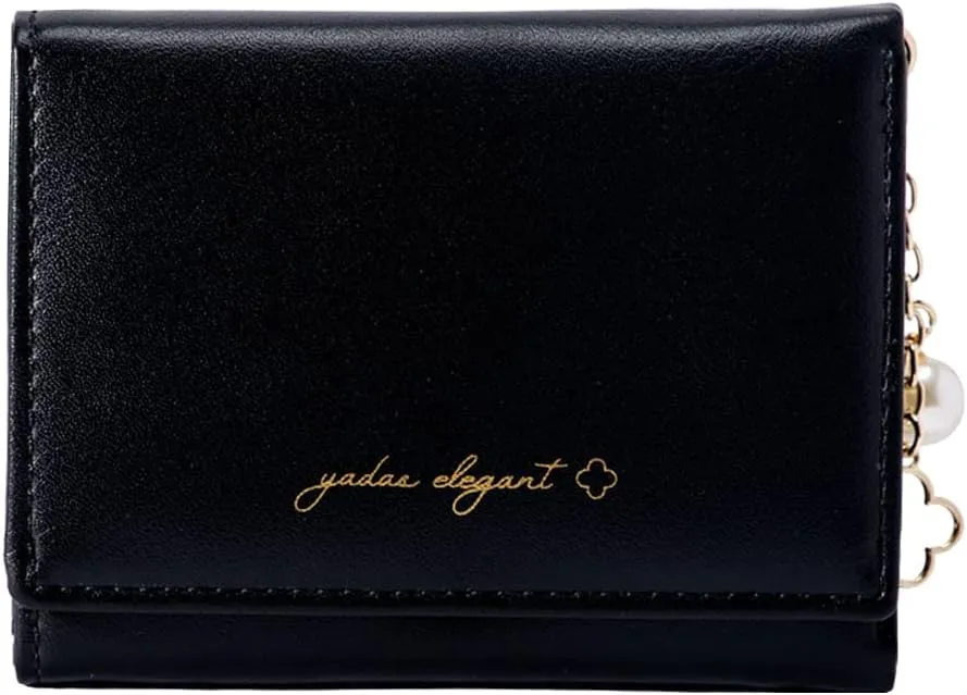 Sunwel Fashion Girls Small Wallet Cute Wallet with Pearl Chain Cash Credit Card Holder ID Window for Women, 310BLACK, small, Trifold