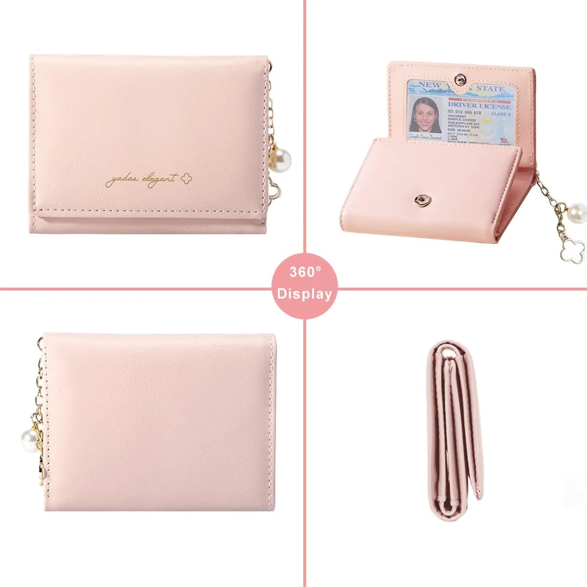Sunwel Fashion Girls Small Wallet Cute Wallet with Pearl Chain Cash Credit Card Holder ID Window for Women, 310PINK, small, Trifold