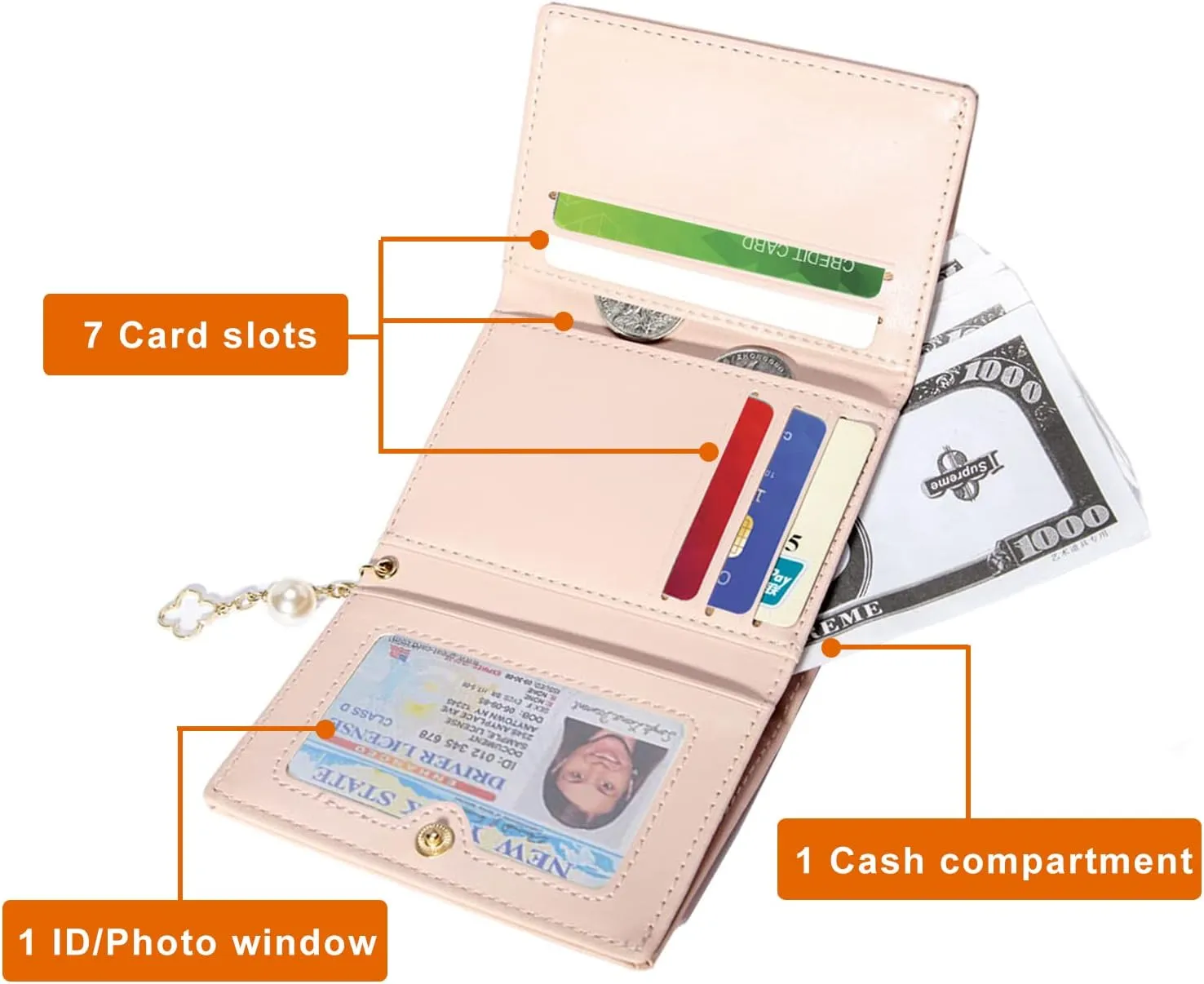 Sunwel Fashion Girls Small Wallet Cute Wallet with Pearl Chain Cash Credit Card Holder ID Window for Women, 310PINK, small, Trifold