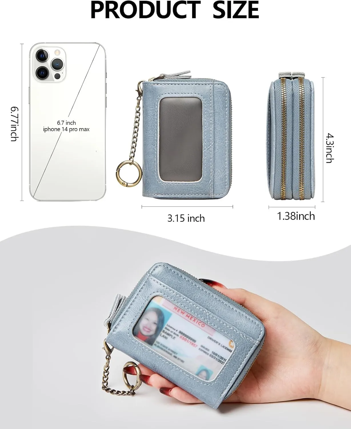 TFKGS Credit Card Holder for Women, RFID Blocking Wallet Small Leather Wallet Women with Accordion Zipper, Card Wallet Keychain, Blue, Minimalist