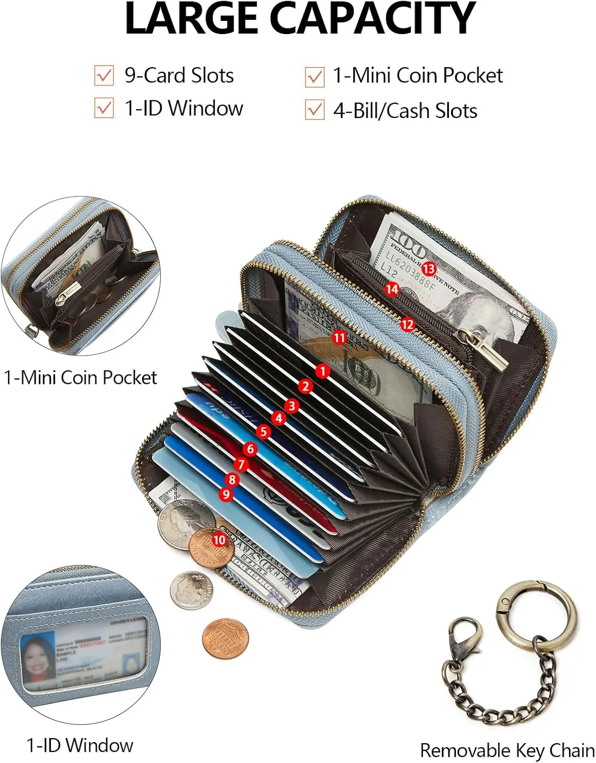 TFKGS Credit Card Holder for Women, RFID Blocking Wallet Small Leather Wallet Women with Accordion Zipper, Card Wallet Keychain, Blue, Minimalist